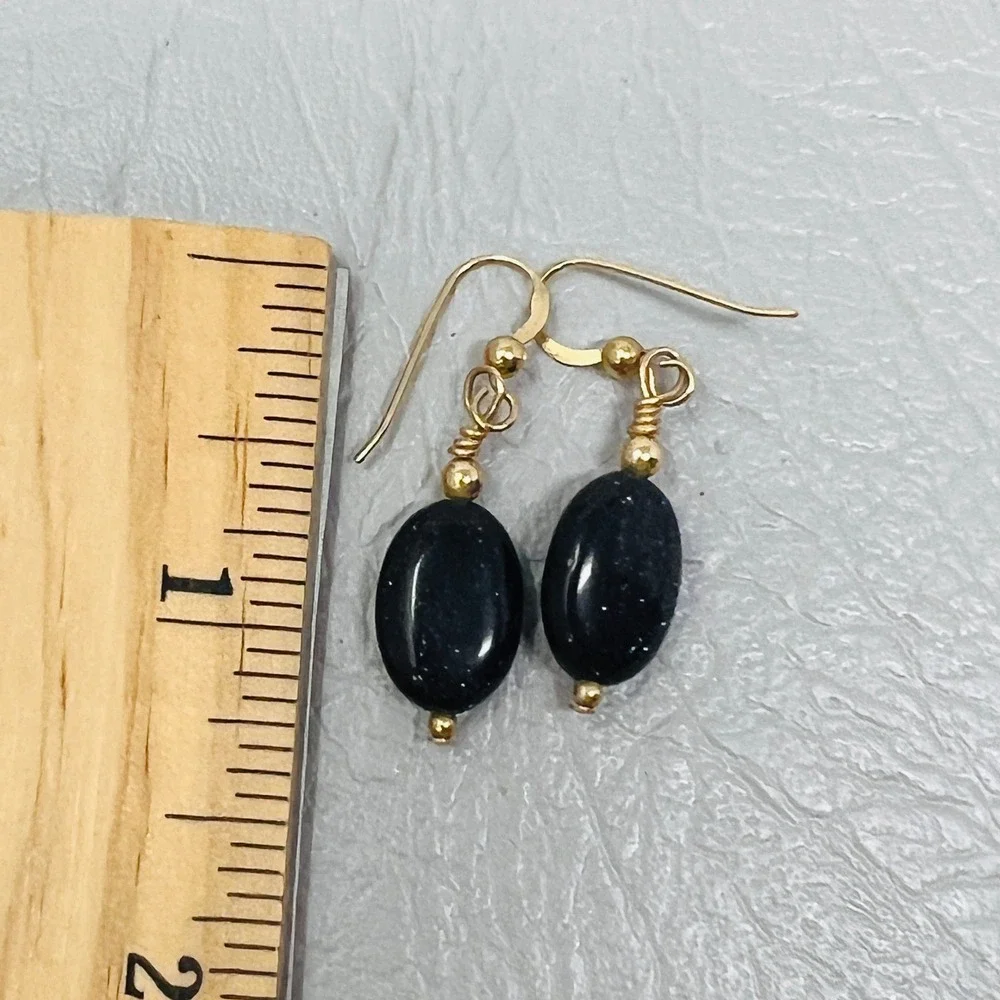 Black Blue Sparkle Pierced Earrings Oval Hook‎ Dangle Drop Minimalist